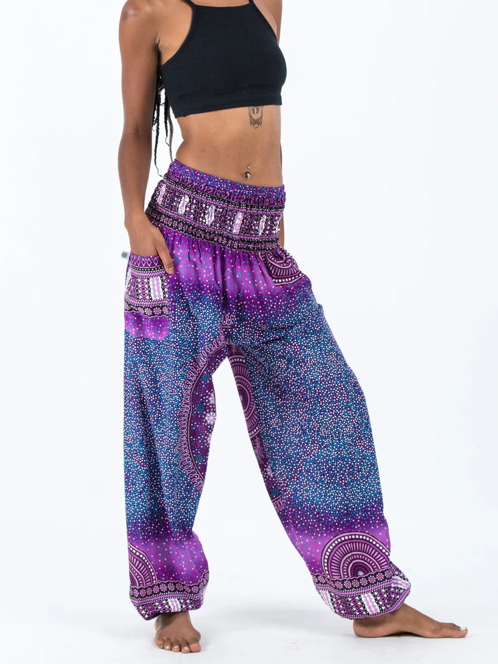 Boho Purple Wide-Leg Smocked Waist Women's Harem Pants